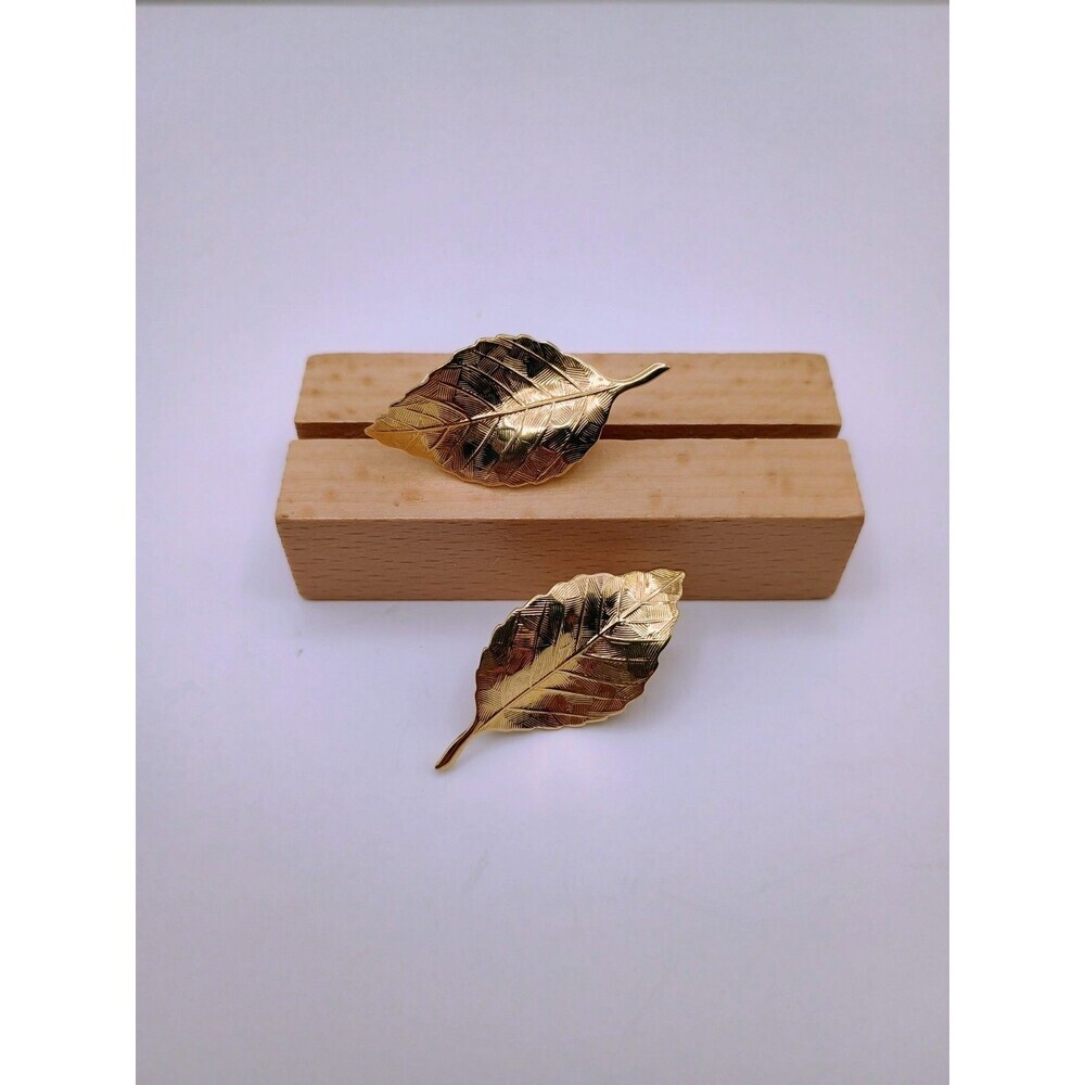 Vintage Thin Leaf Gold Tone Pierced Stud Earrings With Clip On Back